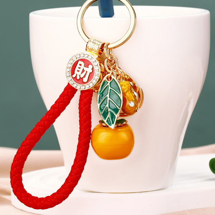 Persimmon Peanut and Leaf Charm Keychain with Braided Wrist Loop