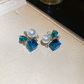 Blue Crystal Pearl Geometric Stud Earrings with Reflective Details view 6