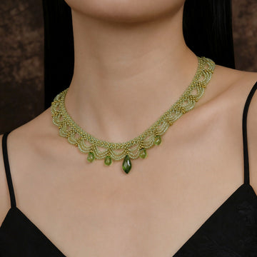 Green Beaded Lace Collar Necklace with Teardrop Fringe