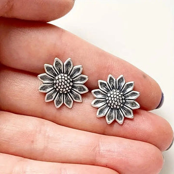 Antique Silver Tone Sunflower Stud Earrings with Textured Centers