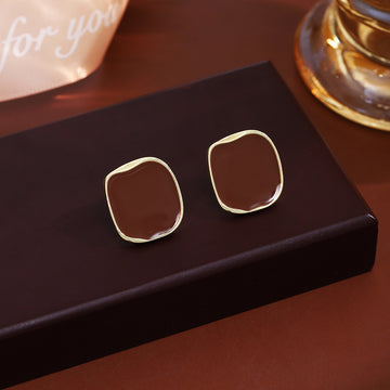 Brown Irregular Square Gold Rim Small Stud Earrings