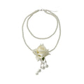 White Beaded Double Strand Necklace with Fabric Rose and Pearl Drops view 5