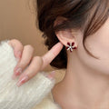 Red Velvet Petal and Crystal Flower Stud Earrings Jewelry Design view 4