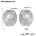 Imitation Pearl Stud Earrings Ribbed Metal Shell Gold Steel Tone view 7