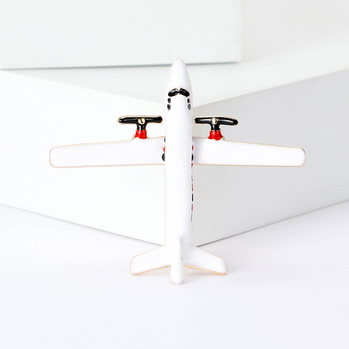 White Enamel Twin Propeller Airplane Brooch Gold Tone Metal
