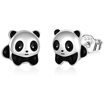 Silver Black Enamel Cartoon Panda Stud Earrings Pair
