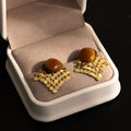 Brown Tiger Eye Look Square Tile Fringe Stud Earrings view 4