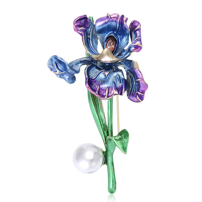 Enamel Iris Flower Brooch with Pearl Accent in Two Colors grouped product view