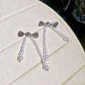 Silver Crystal Pearl V Necklace Bow Pearl Drop Earrings view 7