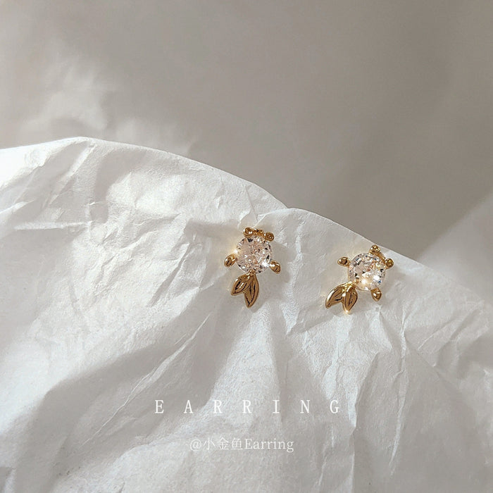 Gold Tone Clear Stone Tiny Fish Stud Earrings With Leaf Tail