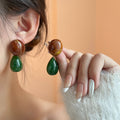 Brown Oval and Green Teardrop Statement Stud Earrings view 1