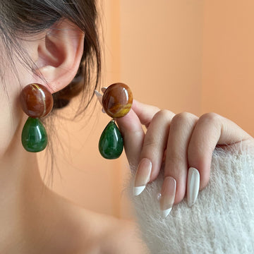 Brown Oval and Green Teardrop Statement Stud Earrings