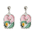 Silver Tone Drop Earrings Pink Green Enamel Floral Plaques view 5