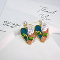 Gold Heart Enamel Floral Pearl Drop Earrings 8 Styles view 7