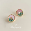 Pink Green Enamel Pearl Wheat Stud Earrings Gold Rim view 1