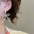 White Crystal Bow Chain Tassel Drop Earrings For Women view 3