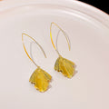Gold Long Hook and Ridged Ginkgo Leaf Drop Earrings view 2