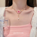 Pink Fabric Flower Crystal Bead Pearl Drop Necklace view 2