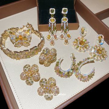 Gold Multicolor Crystal Bracelet Earrings And Rings
