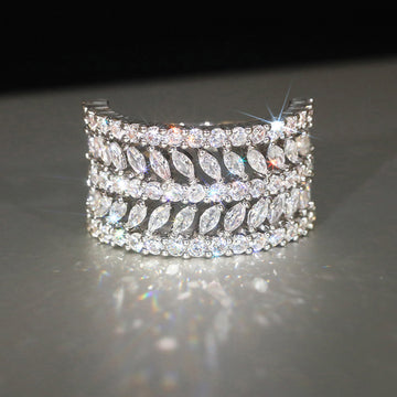 Silver Tone Wide Leaf Marquise CZ Multi-Row Band Finger Ring