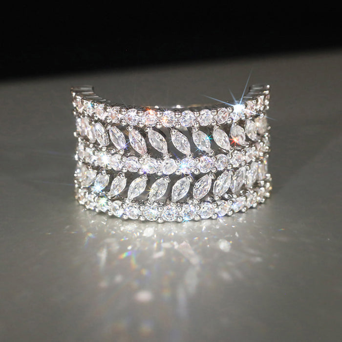 Silver Tone Wide Leaf Marquise CZ Multi-Row Band Finger Ring