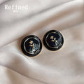 Black Enamel Round Rose Motif Stud Earrings Gold Trim view 3