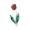 Enamel Rose Bud Brooch Blue Red Silver Green Leaves view 2