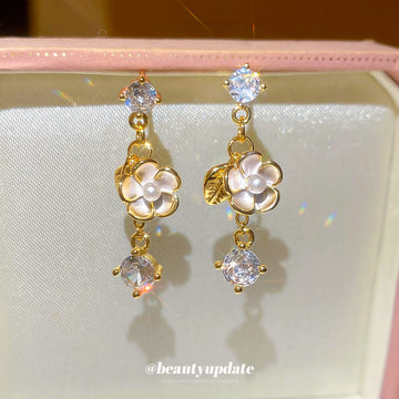 Gold Floral Crystal Pearl Drop Earrings With Gold-Tone Settings