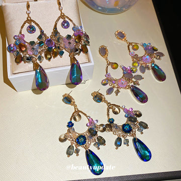 Colorful Crystal Floral Teardrop Statement Earrings in Three Styles