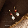 Gold Red Crystal Flower Drop Earrings Baroque Pearl Pendants view 2