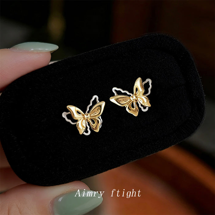 Gold Dual Layer Butterfly Stud Earrings White Outline Wings