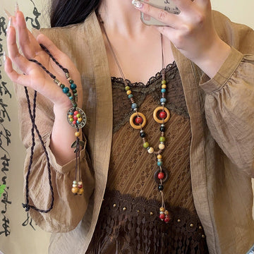 Multicolor Ceramic Bead Ring And Leaf Pendant Necklace