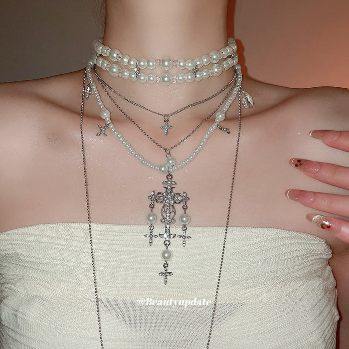 Layered Pearl and Crystal Cross Pendant Necklaces Jewelry Accessory