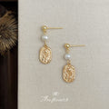 Gold Ball Stud White Pearl Tulip Embossed Drop Earrings view 3