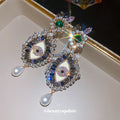 Crystal Eye Drop Earrings with Green Centers and Pearl Drops view 2