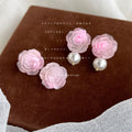 Pink Translucent Resin Rose Stud Earrings Pearl Drop Styles view 2