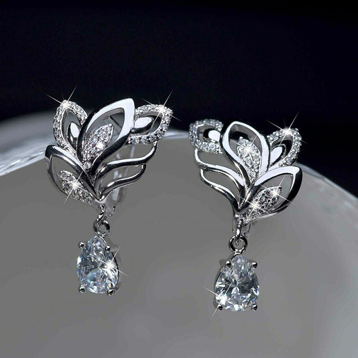 White Gold Openwork Leaf Flower Teardrop CZ Drop Earrings