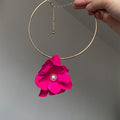 Gold Tone Collar Necklace With Layered Fuchsia Fabric Flower view 6