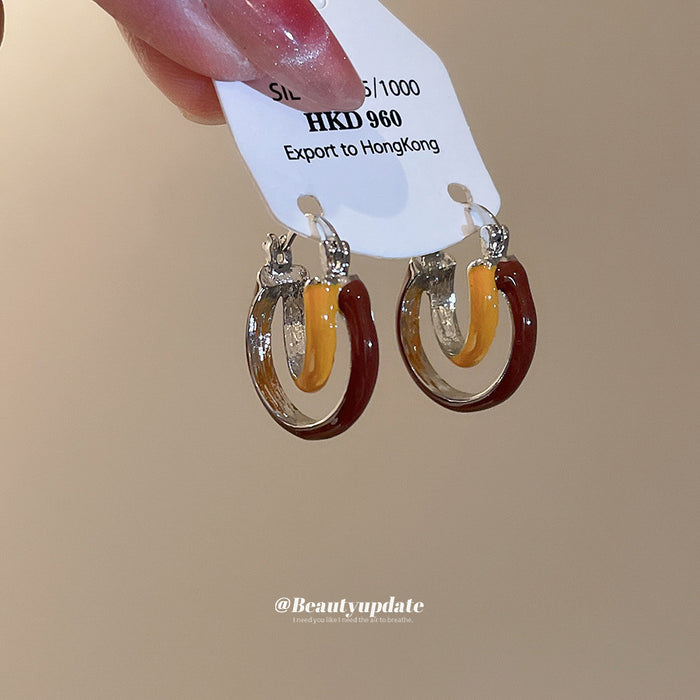 Brown and Mustard Layered Hoop Earrings With Gold Tone Trim