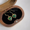 Gold-Tone Green Faceted Glass Heart Drop Hook Earrings view 3