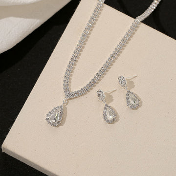 Clear Teardrop Silver Tone Necklace and Earring Jewelry Set