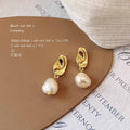 Gold Tone Folded Openwork Top Irregular White Pearl Drop Stud Earrings view 3