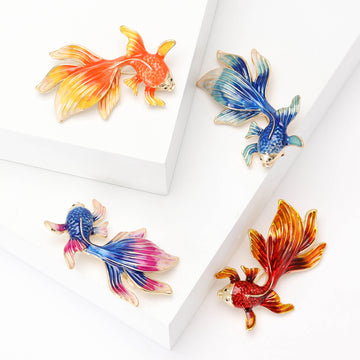 Enamel Flowing-tail Goldfish Brooch In 4 Color Variants
