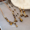 Tiger Eye Gourd Necklace Cord Bead Collar Gold Tassel Hoops view 4
