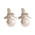 Silver Tone Crystal Bow and Cream Pearl Drop Stud Earrings view 5