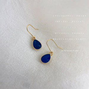 Gold Dark Blue Faceted Teardrop Hook Dangle Earrings