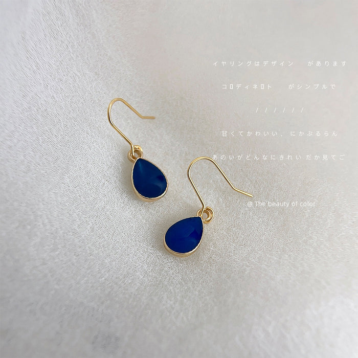 Gold Dark Blue Faceted Teardrop Hook Dangle Earrings