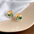 Gold Tone Green Blue Painted Floral Pearl Stud Earrings view 4