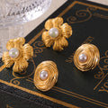 Textured Flower and Swirl Stud Earrings with Pearl Center Gold Steel view 3