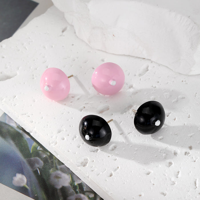 Pink and Black Glossy Round Dome Stud Earrings in Two Colors